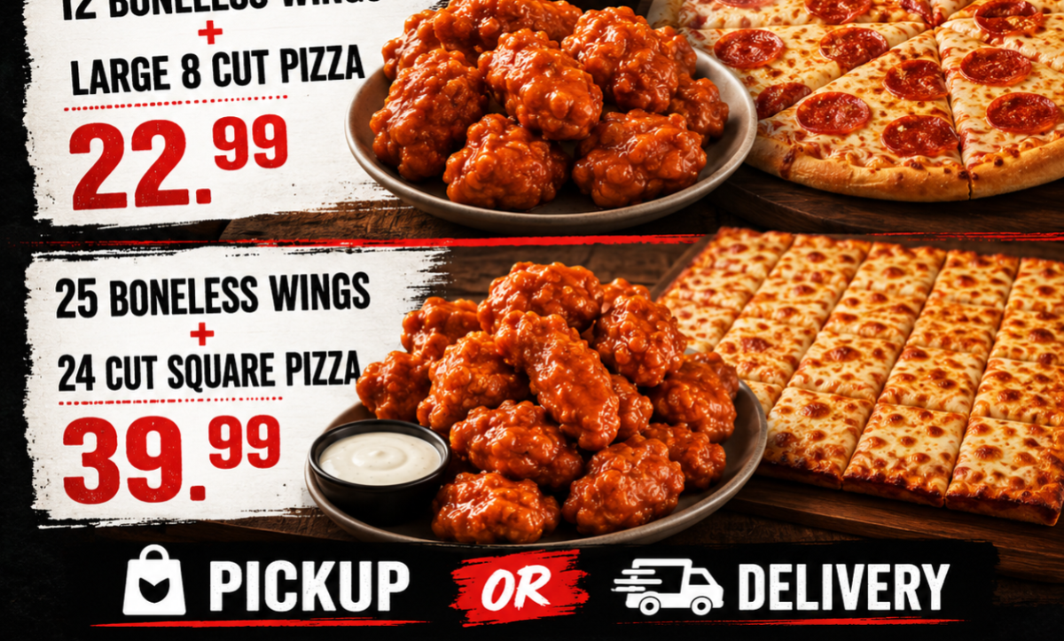 25 Boneless Wings + 24 Cut Square Pizza